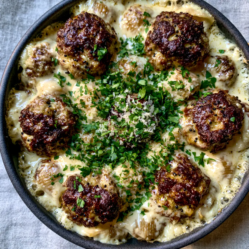 Swedish Meatball Pasta Bake with Mahogany Seared Beef and Creamy Gravy 2 Close-up of mahogany-crusted meatballs with black pepper flecks nestled in al dente pasta shells and thick beige gravy. (Swedish Meatball Pasta Bake)