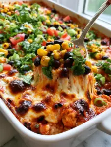 Close-up action shot of a silver spoon lifting melted cheese from a Mexican chicken casserole in a white ceramic dish.