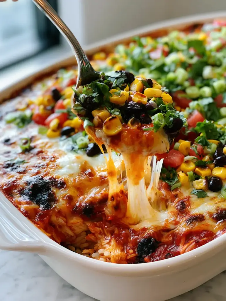 Top-down view of a Mexican chicken casserole showing charred corn, black beans, tomatoes, and cilantro over melted cheese.