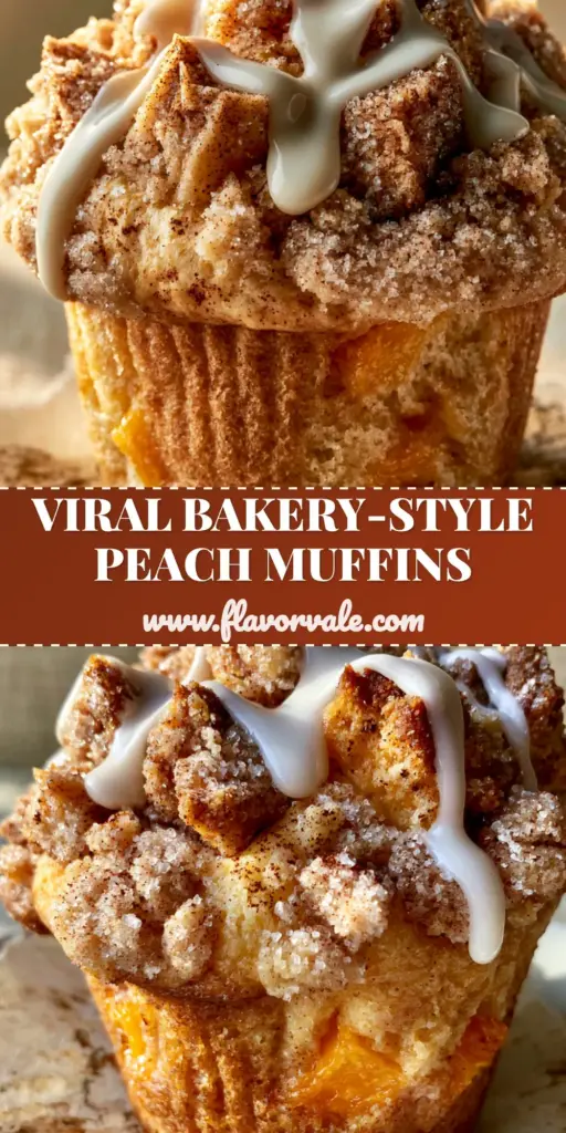 A close-up vertical shot of oversized peach cobbler muffins with a heavy cinnamon streusel topping and thick vanilla glaze, perfect for Pinterest sharing.