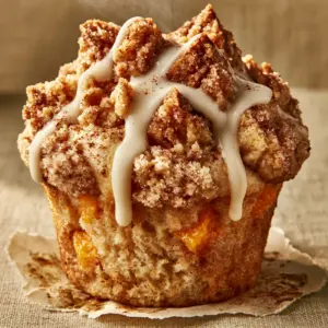 Extreme macro close-up of a single oversized bakery-style peach cobbler muffin with golden-brown sponge and orange peach chunks. (peach cobbler muffins)