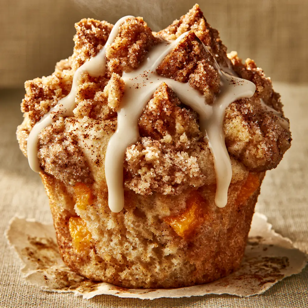 Extreme macro close-up of a single oversized bakery-style peach cobbler muffin with golden-brown sponge and orange peach chunks. (peach cobbler muffins)