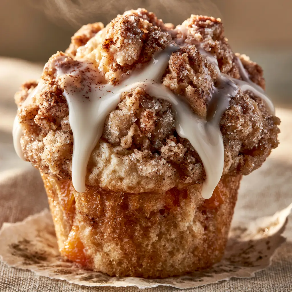 Close-up of the chunky, buttery cinnamon streusel topping with a thick white vanilla glaze on peach cobbler muffins.