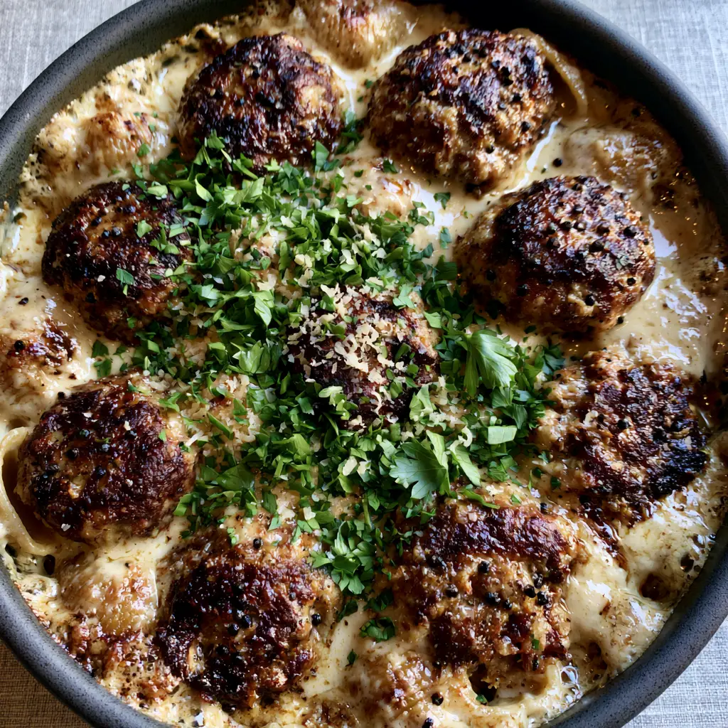 Swedish Meatball Pasta Bake with Mahogany Seared Beef and Creamy Gravy 1 A smartphone photo of the Swedish Meatball Pasta Bake showcasing steam wisps and a bright green parsley garnish.
