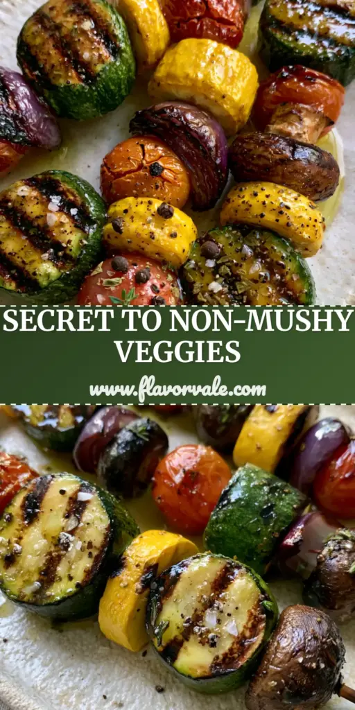 Four artisan Grilled Veggie Skewers featuring charred zucchini and blistered tomatoes on a rustic plate.