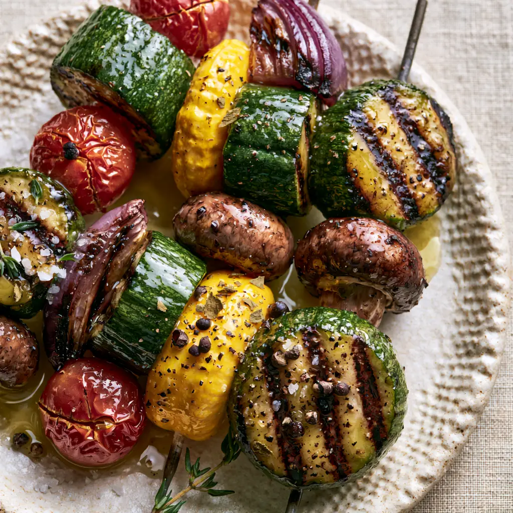Close-up of blistered cherry tomatoes and charred purple onion wedges on Grilled Veggie Skewers.
