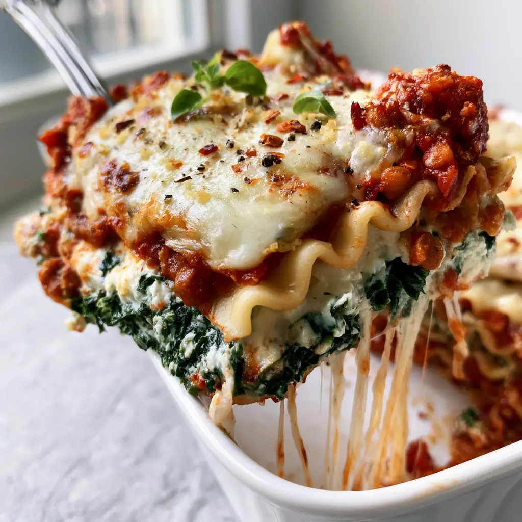 30-minute vegetarian meals: High-Protein Lentil Lasagna with Wavy Noodles 2 Close-up of a high-protein vegetarian lasagna slice with visible lentil crumbles and spinach-kale layers. (30-minute vegetarian meals)