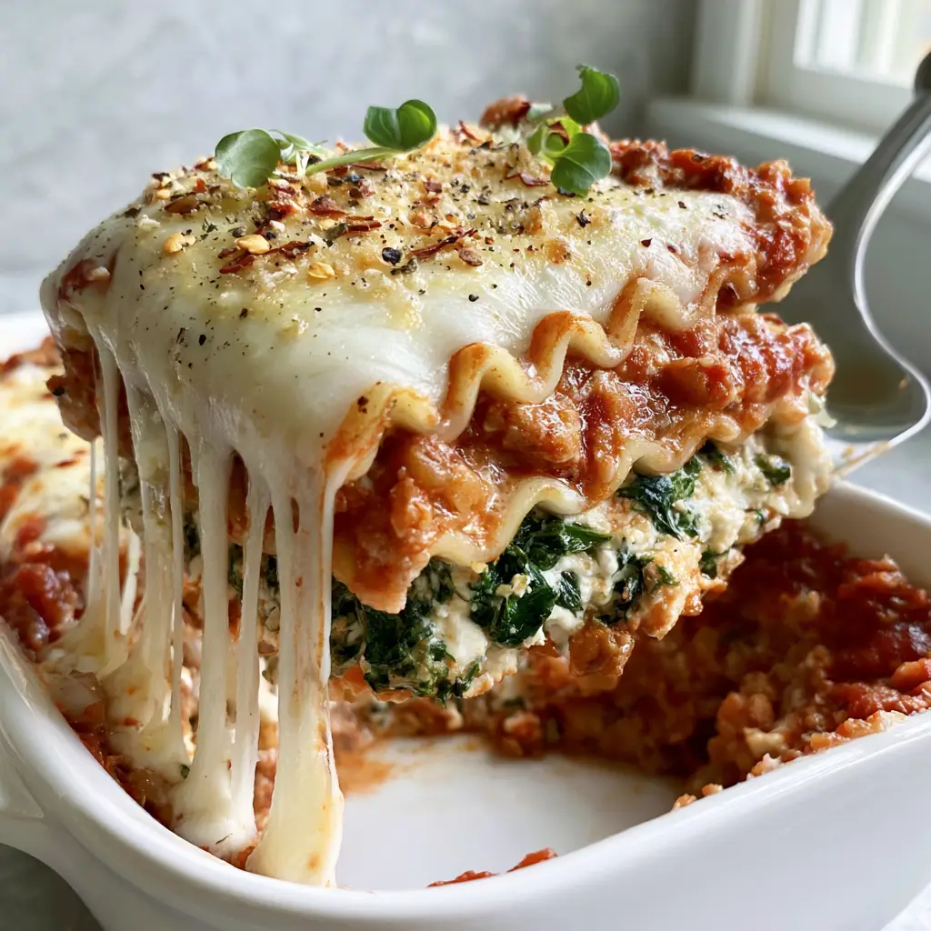 30-minute vegetarian meals: High-Protein Lentil Lasagna with Wavy Noodles 1 Toasted golden-brown cheese topping on a lasagna with micro-basil and red pepper flakes.