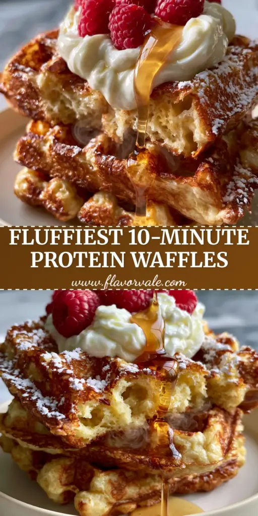 Greek Yogurt Waffles: The Ultimate Crispy and Fluffy Belgian Recipe 3 A tall stack of three Greek yogurt waffles topped with a creamy yogurt dollop, fresh red raspberries, and glistening maple syrup on a matte cream plate.