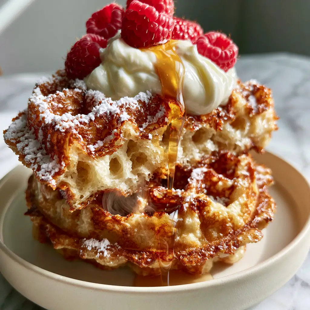 Detailed close-up of a stack of Greek yogurt waffles showing deep golden-brown pockets and a light, airy internal crumb.