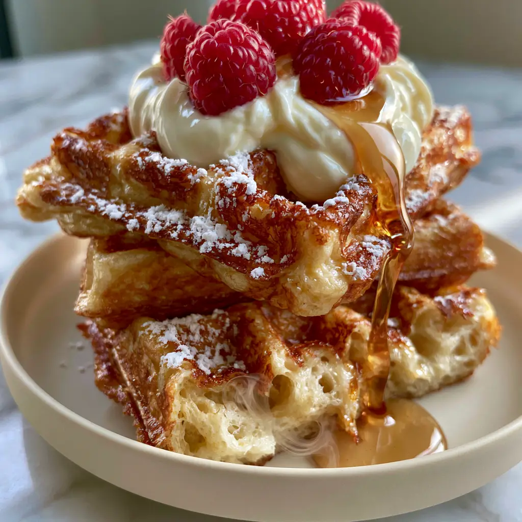 Greek Yogurt Waffles: The Ultimate Crispy and Fluffy Belgian Recipe 1 Top-down view of Greek yogurt waffles dusted with powdered sugar and drizzled with amber maple syrup and fresh raspberries.
