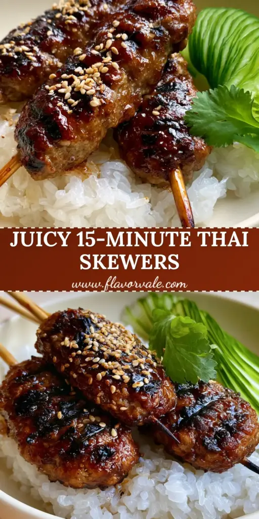 A close-up shot of Thai-style ground pork skewers with a glossy honey-soy glaze on a bed of sticky rice.