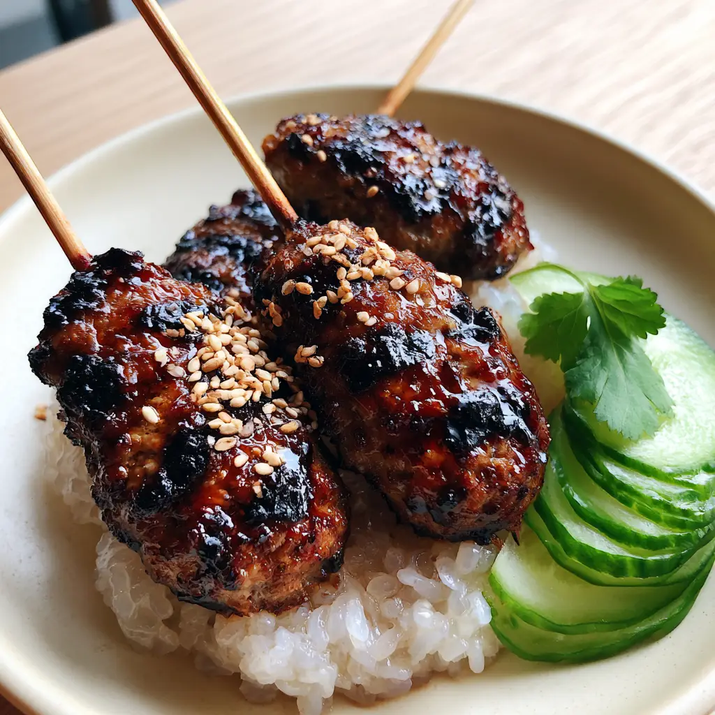 Close up of juicy Thai-style ground pork skewers served with cucumber and cilantro on a cream plate.