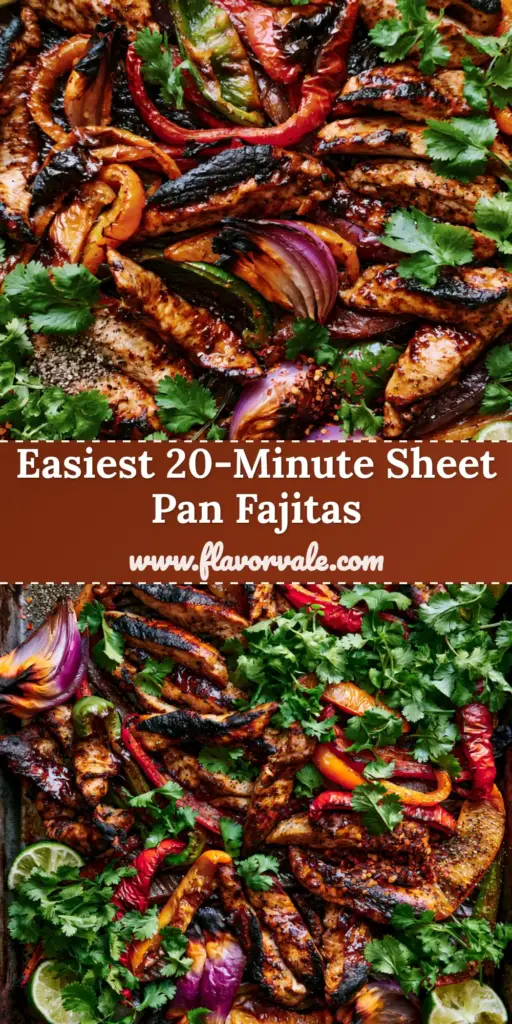 Sheet Pan Chicken Fajitas with Smoky Paprika Glaze and Blistered Peppers 4 A high-angle photo of sizzling Sheet Pan Chicken Fajitas with charred chicken strips, blistered bell peppers, and caramelized onions on a rustic metal pan.