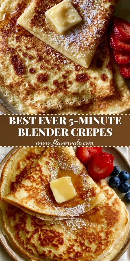 French crepes: The Ultimate Recipe for Authentic, Paper-Thin Results 3 A stack of ten paper-thin French crepes with golden-brown leopard spots, topped with melting salted butter, powdered sugar, and a maple syrup drizzle on a ceramic plate.