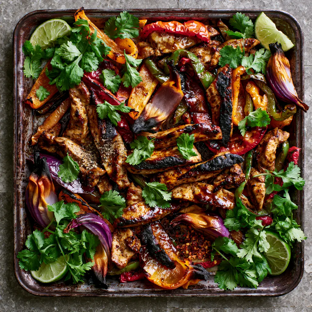 Sheet Pan Chicken Fajitas with Smoky Paprika Glaze and Blistered Peppers 2 Top-down view of Sheet Pan Chicken Fajitas with visible smoky paprika glaze, charred edges, and bright green cilantro garnishes.