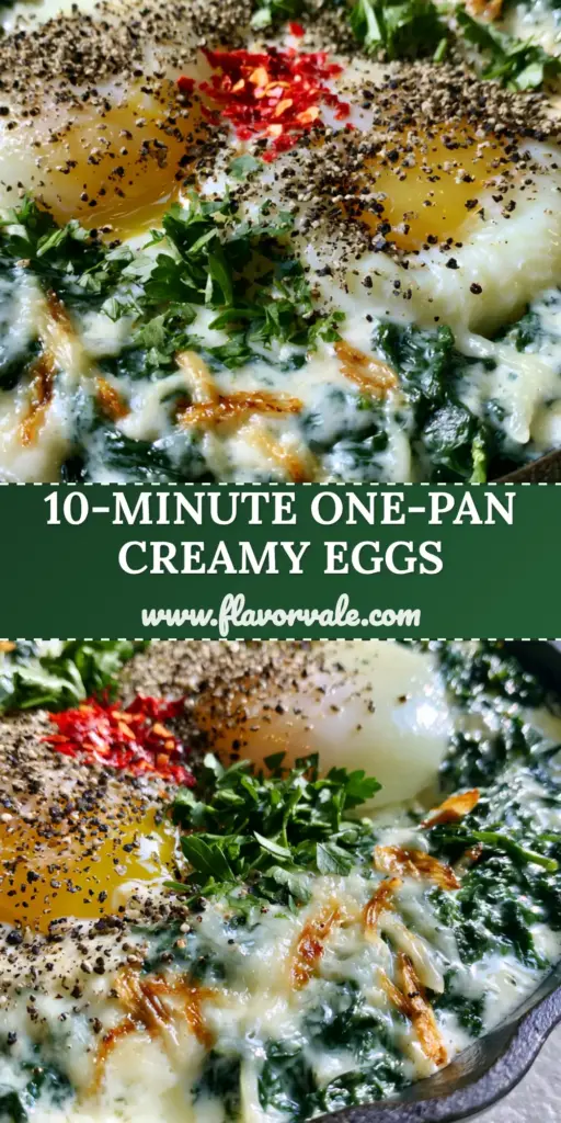 A rustic black cast iron skillet filled with creamy spinach and eggs, featuring runny yellow yolks, bubbling cream sauce, and toasted garlic. (creamy spinach and eggs)