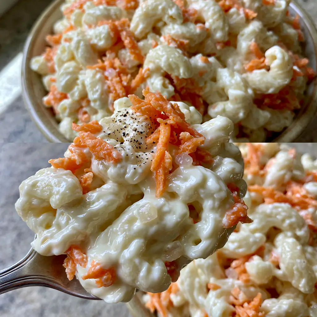 Split screen view of Hawaiian Mac Salad showing a top-down bowl and a close-up spoon scoop with velvety dressing. (Hawaiian Mac Salad)