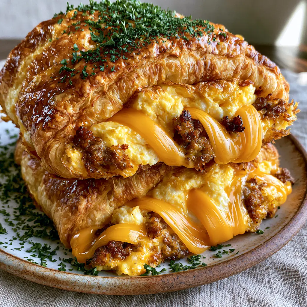 Extreme close-up of Sausage Egg and Cheese Roll-Ups showing the incredibly flaky buttery layers of the crescent dough.