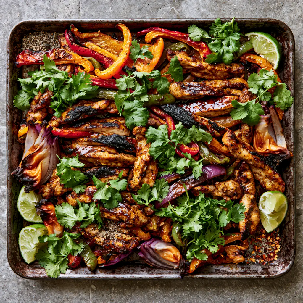Sheet Pan Chicken Fajitas with Smoky Paprika Glaze and Blistered Peppers 1 Close up of blistered red, orange, and green peppers interspersed with juicy chicken fajita strips on a dark metal pan.