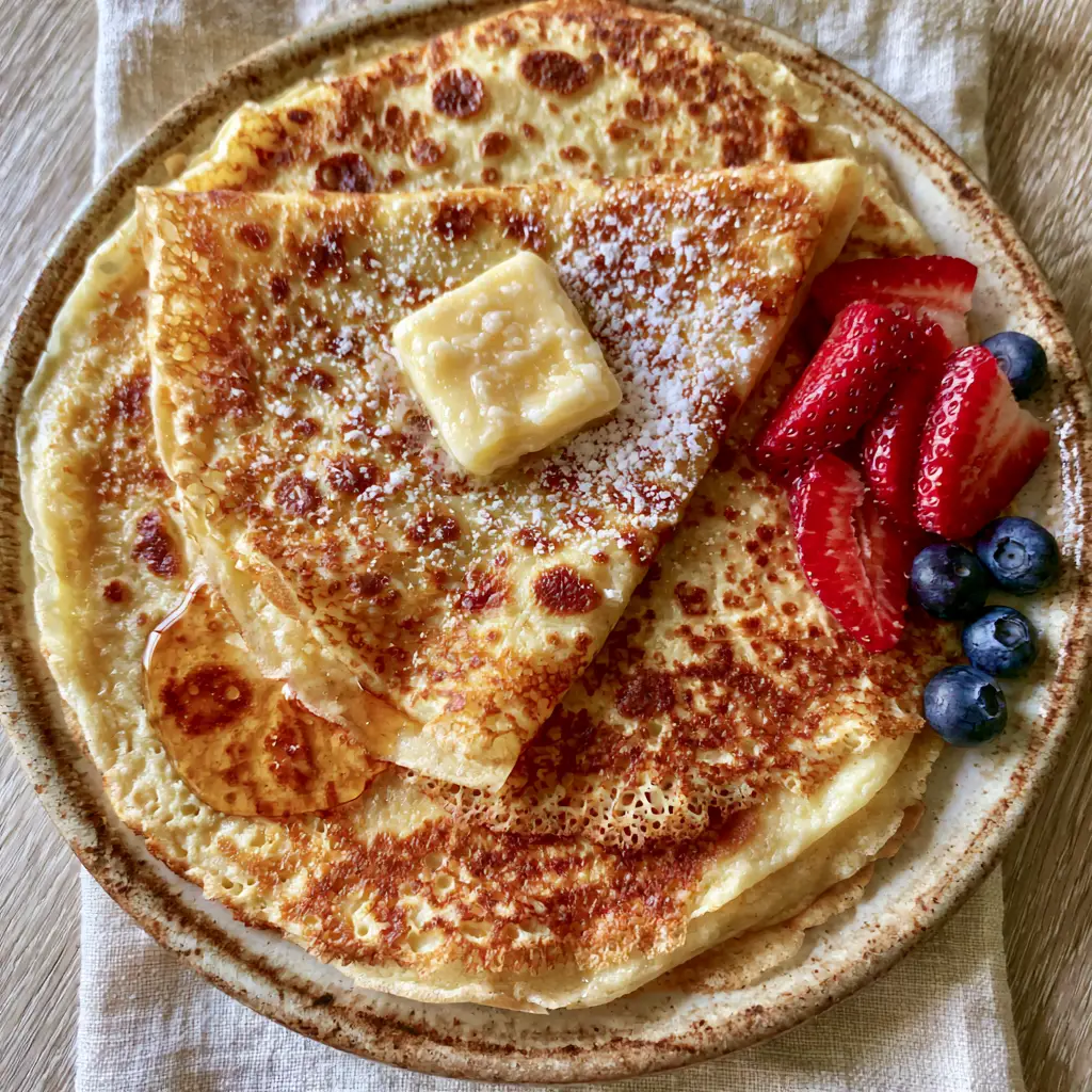 Macro top-down shot of French crepes featuring lacy edges and mottled golden-brown spotting on a rustic plate.