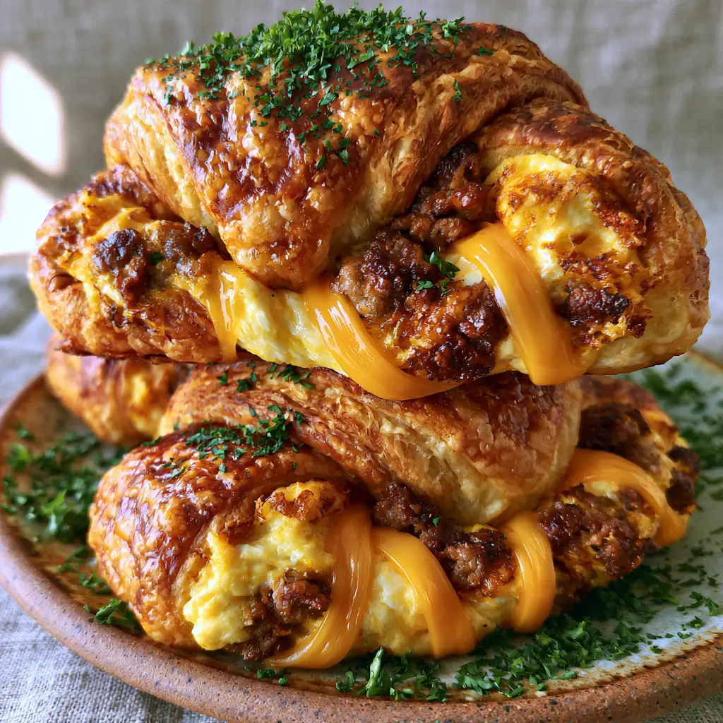 Sausage Egg and Cheese Roll-Ups: The Ultimate Flaky Breakfast Pastry 1 Cross-section of a Sausage Egg and Cheese Roll-Up with melted sharp cheddar cheese and savory sausage crumbles.