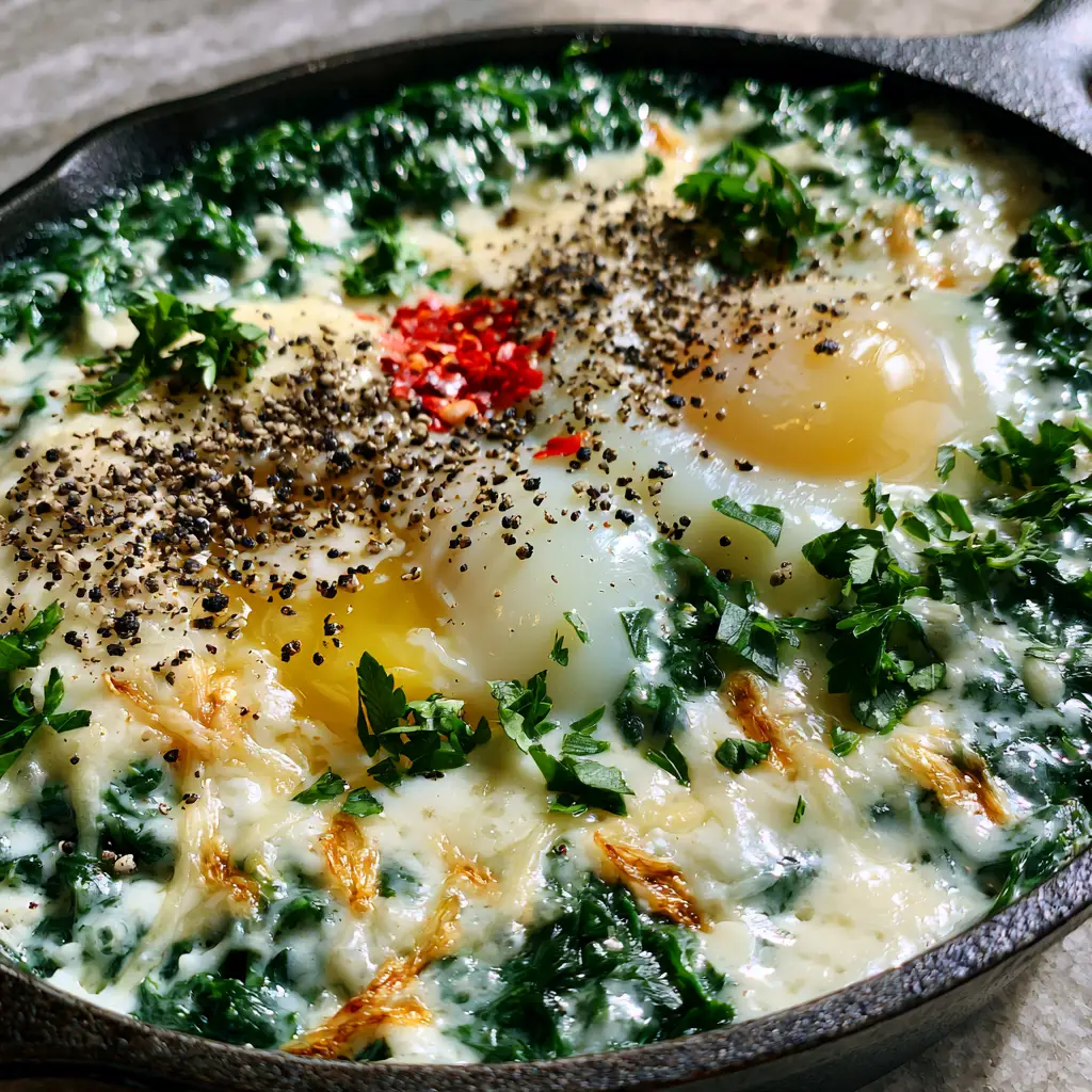 Extreme close-up of bubbling cream sauce with parmesan strings and emerald green baby spinach. (creamy spinach and eggs)