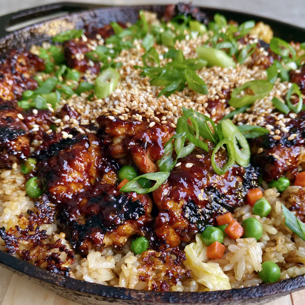 Teriyaki Chicken Fried Rice with Crispy Skillet Edges 2 Macro shot of Teriyaki Chicken Fried Rice showing charred chicken thighs and fluffy rice with sesame seeds.