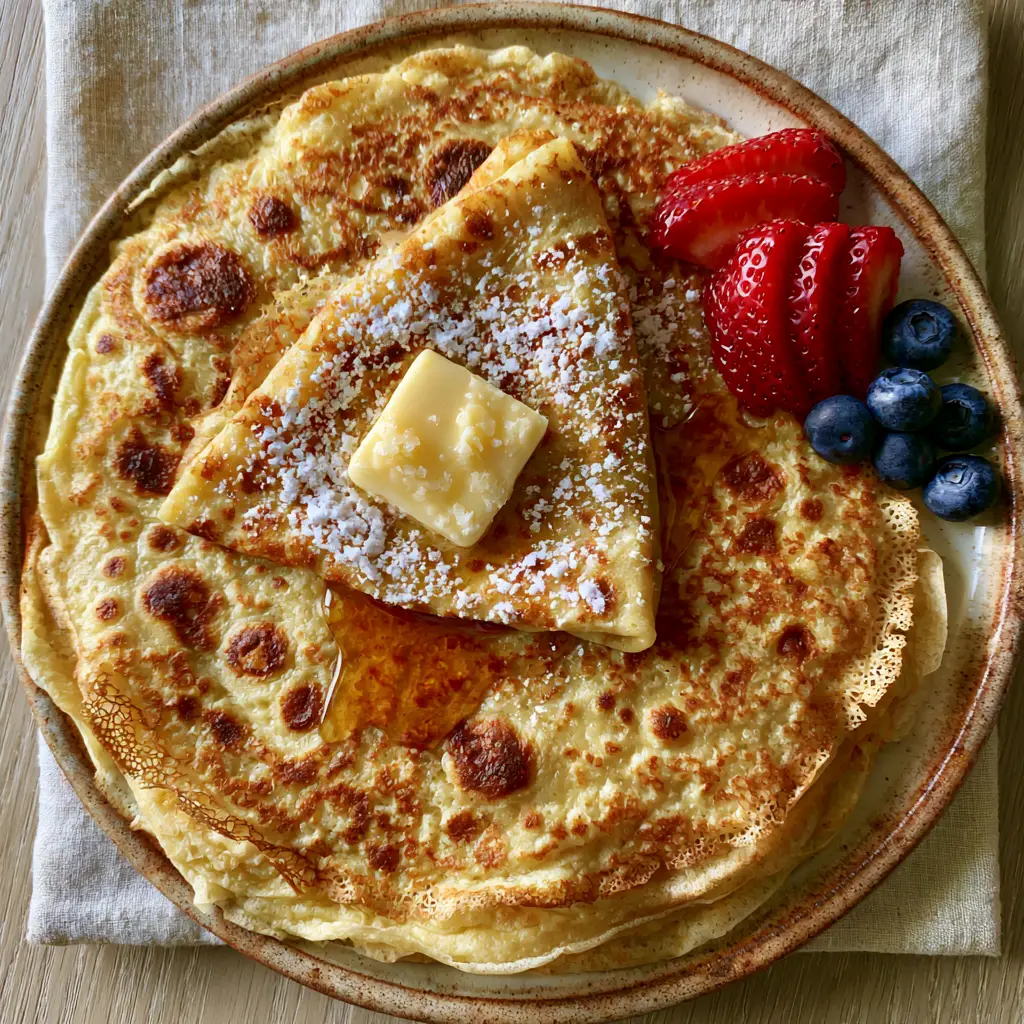 French crepes: The Ultimate Recipe for Authentic, Paper-Thin Results 1 Close-up of a folded French crepe topped with fresh strawberries, blueberries, and a glistening amber maple syrup drizzle.