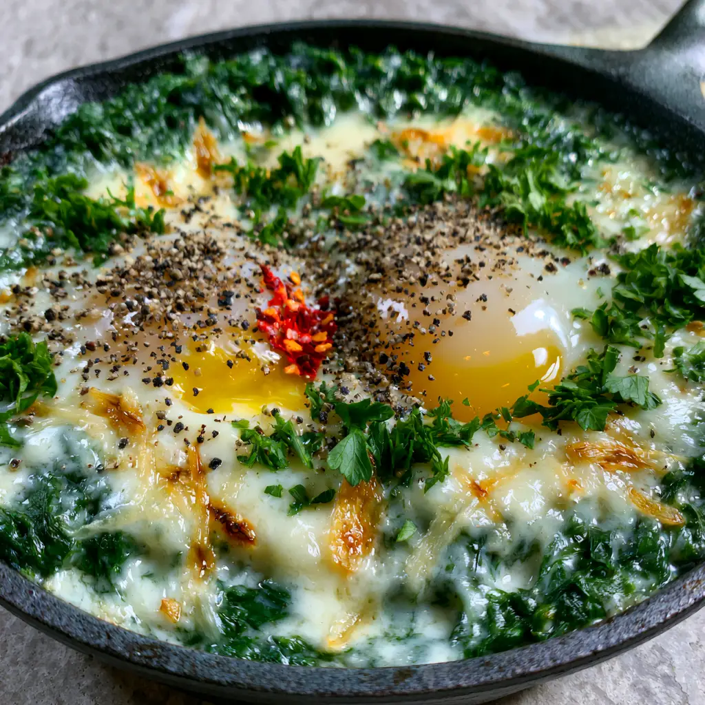 Sunlight hitting the high-gloss surface of creamy spinach and eggs with golden garlic slivers and cracked pepper.