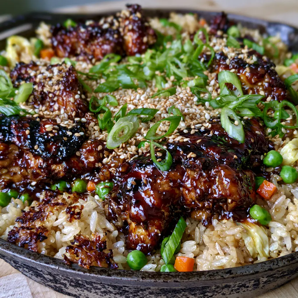 Teriyaki Chicken Fried Rice with Crispy Skillet Edges 1 Searing mahogany glazed chicken in a seasoned black cast iron skillet for Teriyaki Chicken Fried Rice.