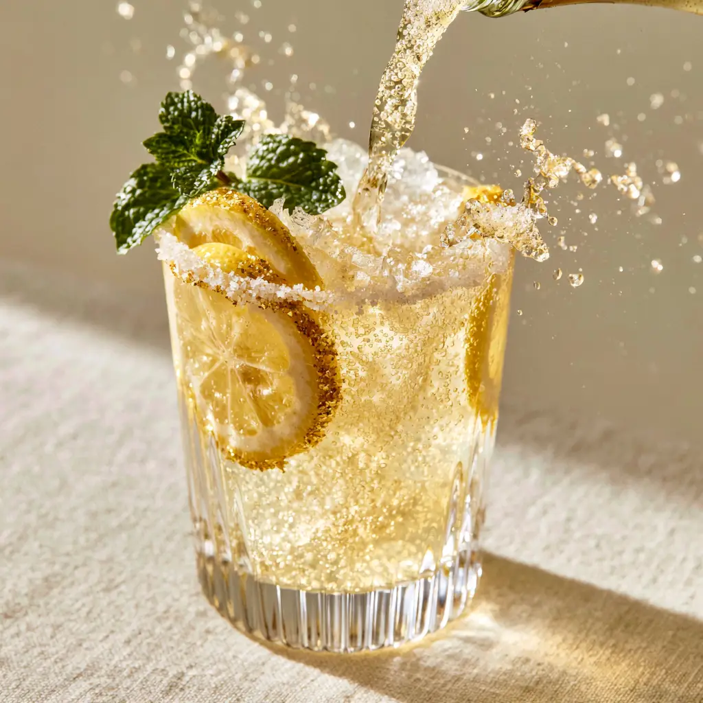 Lemonade Moscato Wine Spritzer: The Ultimate Bubbly Summer Refreshment 1 A Lemonade Moscato Wine Spritzer garnished with a sugar rim and fresh lemon wheels in golden afternoon light.