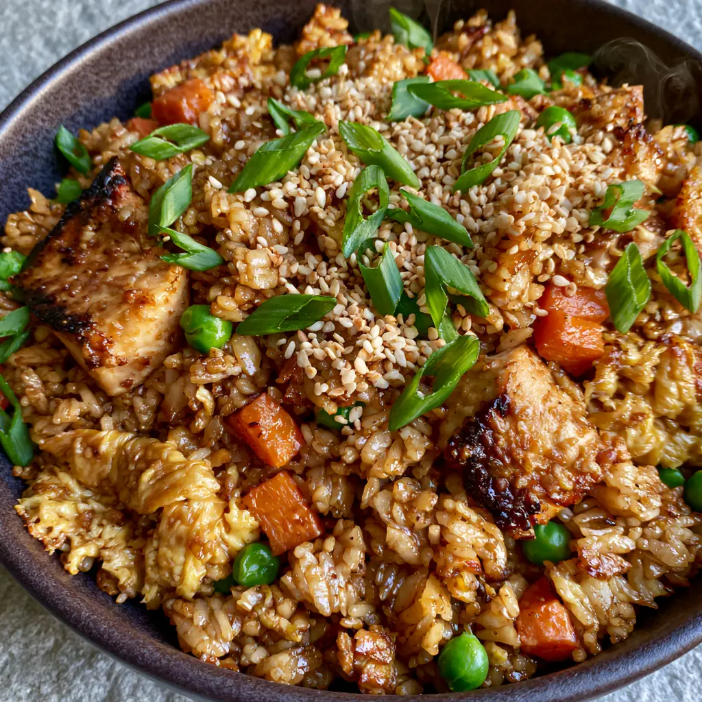 Chicken Fried Rice: Better-Than-Takeout Hibachi Style with Soy Ginger Glaze 2 Extreme macro close-up of chicken fried rice showing glistening jasmine grains and dark seared chicken edges. (chicken fried rice)