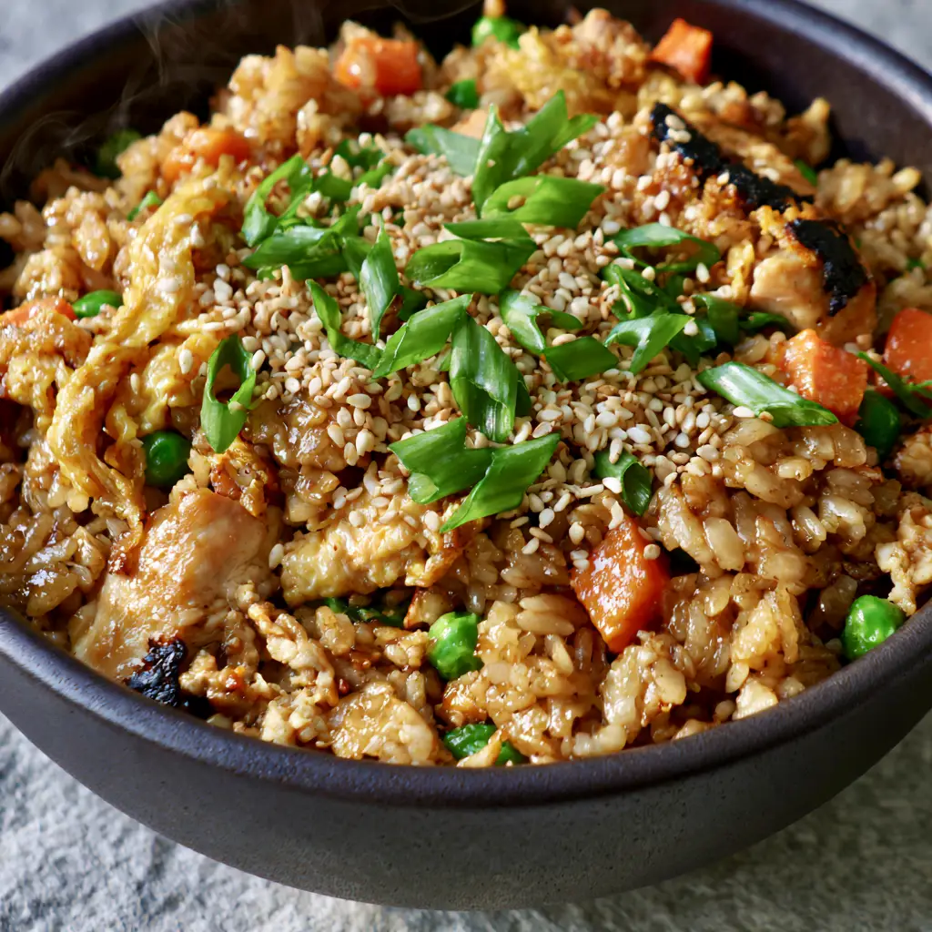 Chicken Fried Rice: Better-Than-Takeout Hibachi Style with Soy Ginger Glaze 1 A close-up of chicken fried rice featuring fluffy golden egg ribbons and vibrant orange carrots. (chicken fried rice)