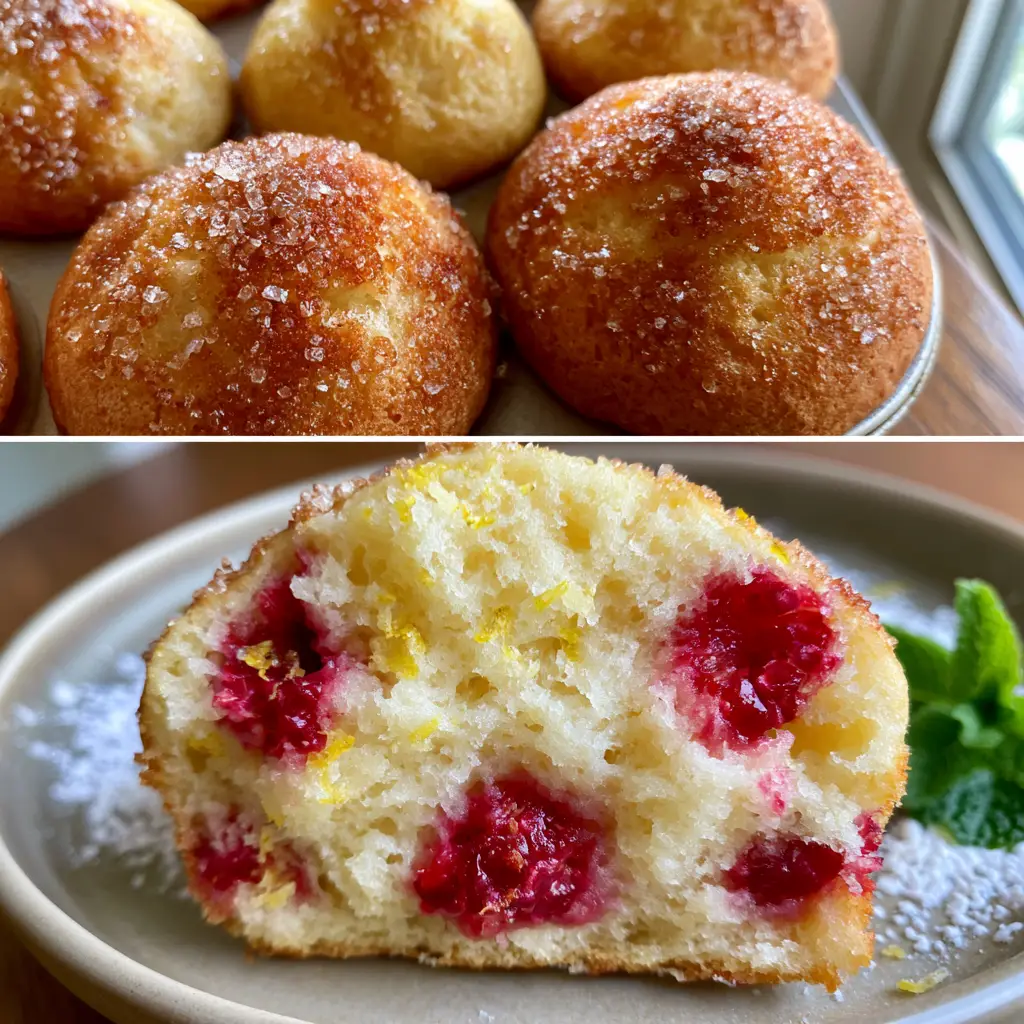 Overhead shot of six tall golden-brown raspberry lemon ricotta muffins in a tin with sparkling sugar. (raspberry lemon ricotta muffins)