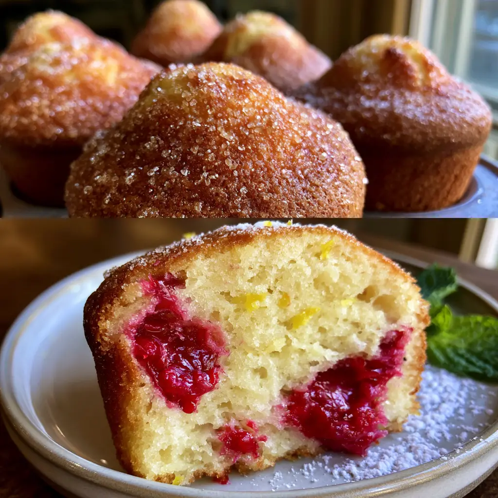 A close-up side view of a torn raspberry lemon ricotta muffin revealing a steaming airy pale yellow crumb and jammy raspberries.