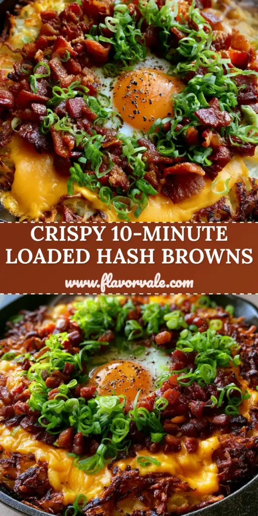 Loaded Hash Browns with Crispy Bacon and a Perfect Runny Egg 4 A close-up of Loaded Hash Browns in a cast iron skillet with bubbling cheddar, crispy bacon, and a runny sunny-side-up egg center.
