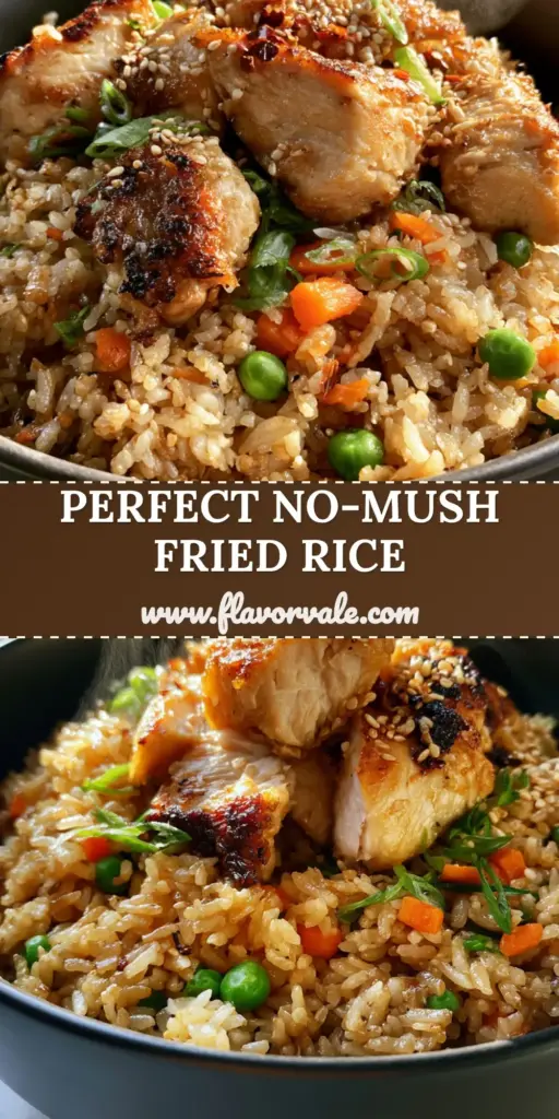 Chicken Fried Rice with Crispy Seared Breast and Golden Individual Grains 4 A steaming bowl of Chicken fried rice with seared chicken chunks, vibrant peas, and carrots in a charcoal bowl.