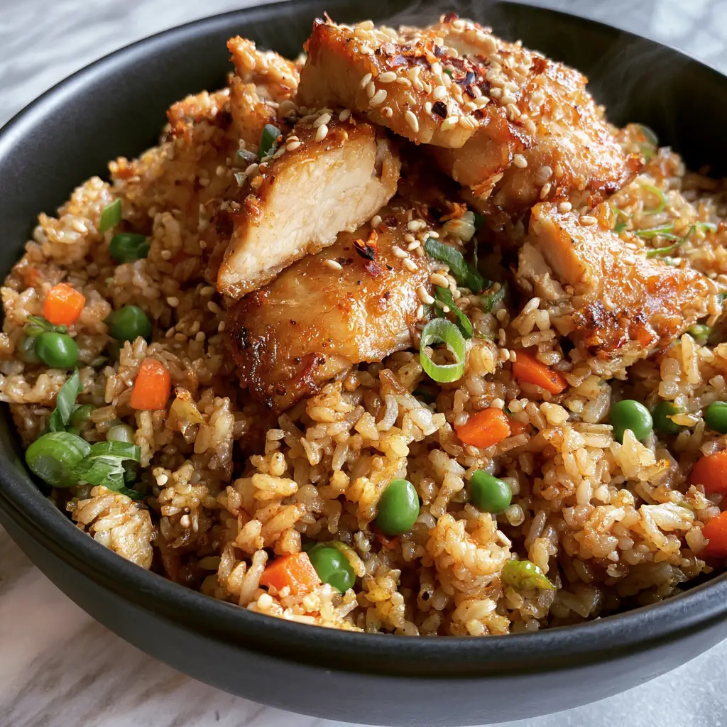 Chicken Fried Rice with Crispy Seared Breast and Golden Individual Grains 2 Close up of Chicken fried rice showing individual golden grains and seared chicken breast edges.