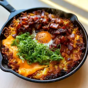 Overhead view of Loaded Hash Browns featuring mahogany golden-brown charred edges and melting sharp cheddar cheese.