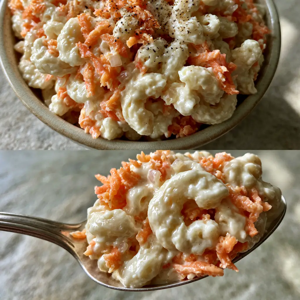 Hawaiian Mac Salad: The Ultimate Authentic Island-Style Creamy Recipe 1 Extreme close-up of a silver spoon scooping creamy Hawaiian Mac Salad with carrots and cracked black pepper.