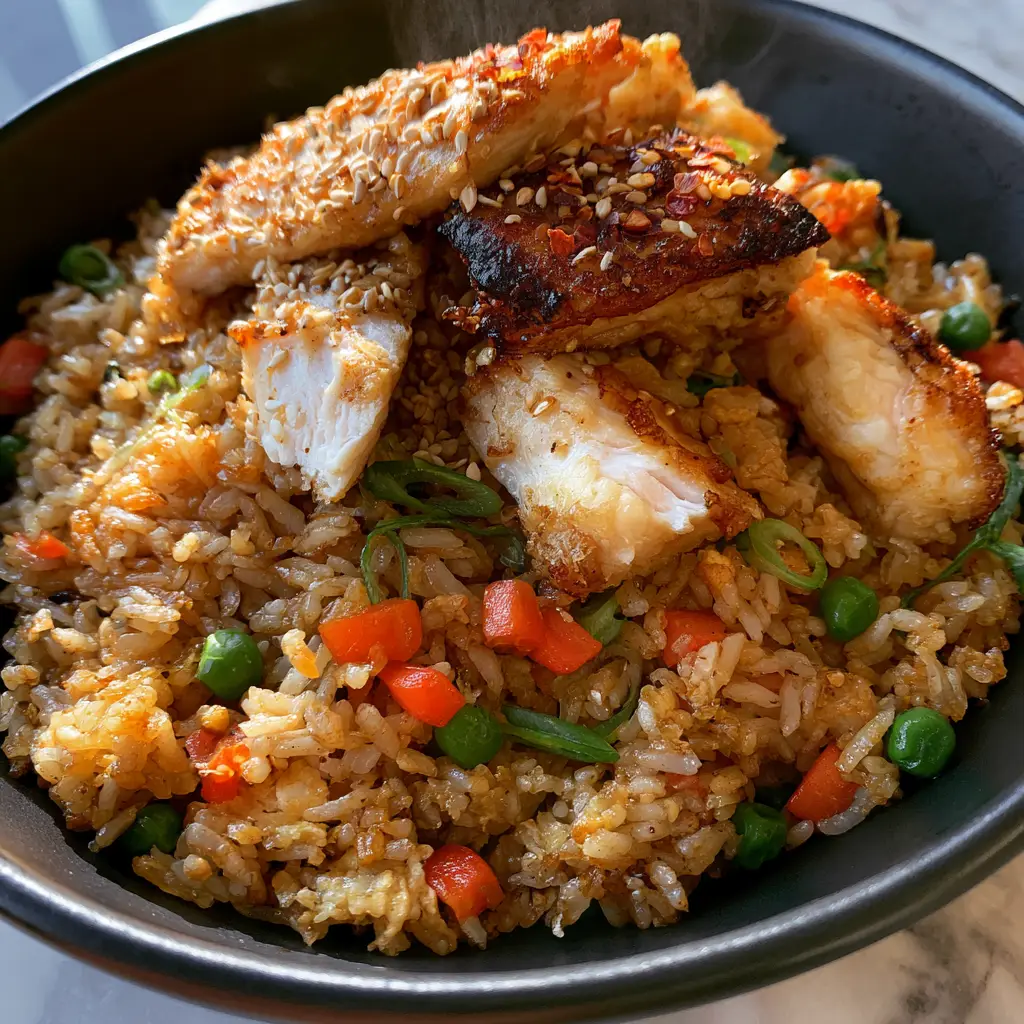 Chicken Fried Rice with Crispy Seared Breast and Golden Individual Grains 1 High-angle shot of Chicken fried rice in a charcoal bowl with sesame seeds and scallions.