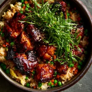 Close-up of seared chicken thigh chunks coated in a thick, dark Japanese BBQ glaze on a bed of fried rice. (japanese bbq chicken fried rice)