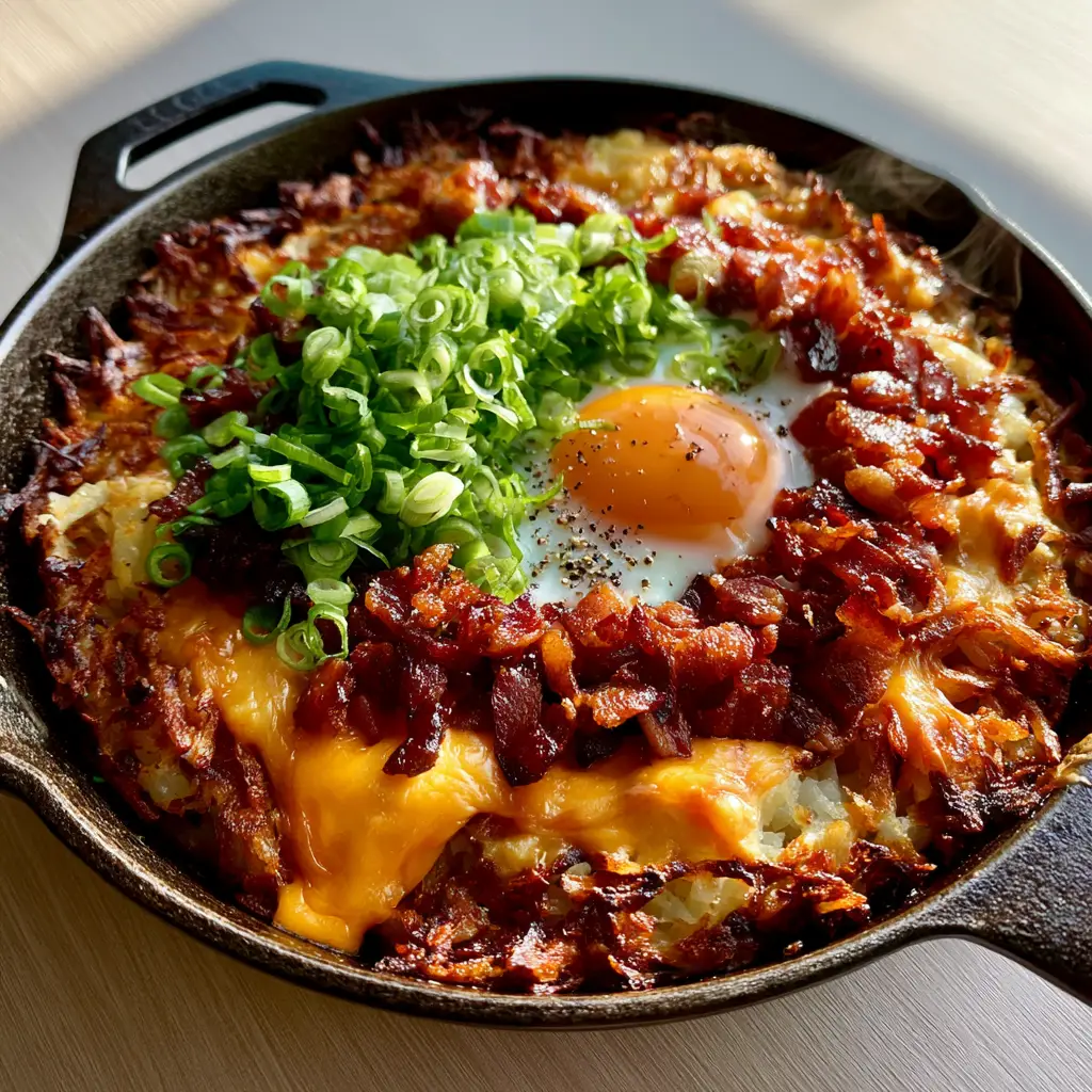 Loaded Hash Browns with Crispy Bacon and a Perfect Runny Egg 1 Close up shot of thick-cut bacon crumbles and fresh green onions on top of Loaded Hash Browns.