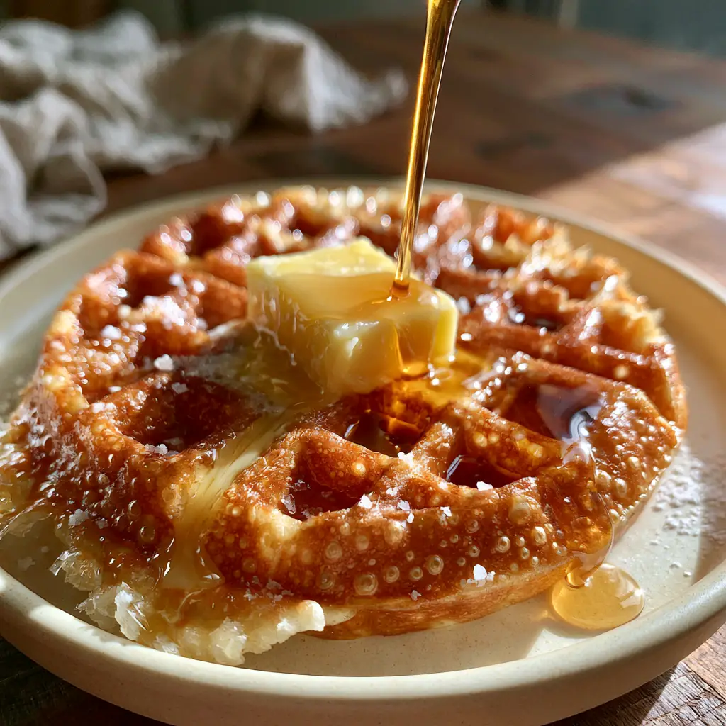 Extreme close-up of golden butter waffles showing micro-bubbles and a melting square of butter in the wells.