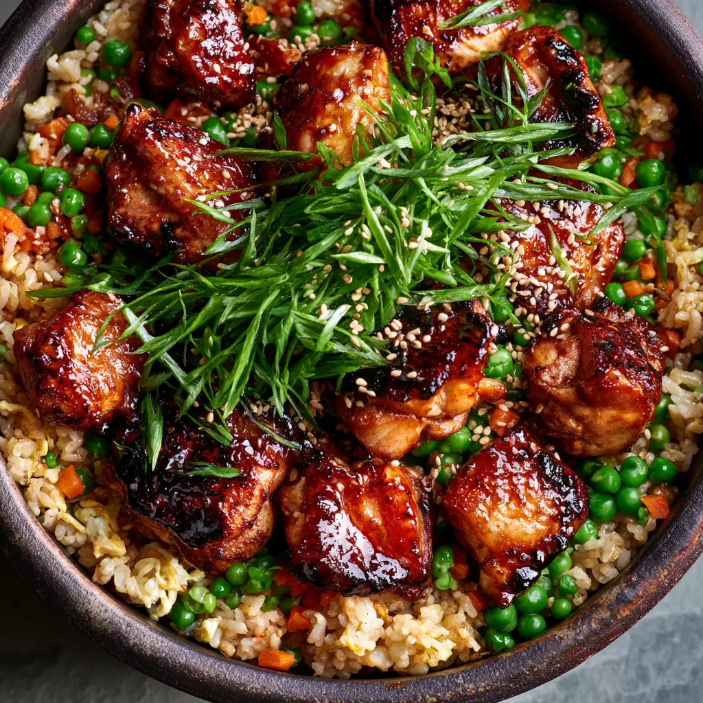 Japanese BBQ Chicken Fried Rice: The Ultimate Umami-Packed One-Pan Dinner 1 A rustic bowl overflowing with Japanese BBQ chicken fried rice, showing egg ribbons and toasted sesame seeds. (japanese bbq chicken fried rice)