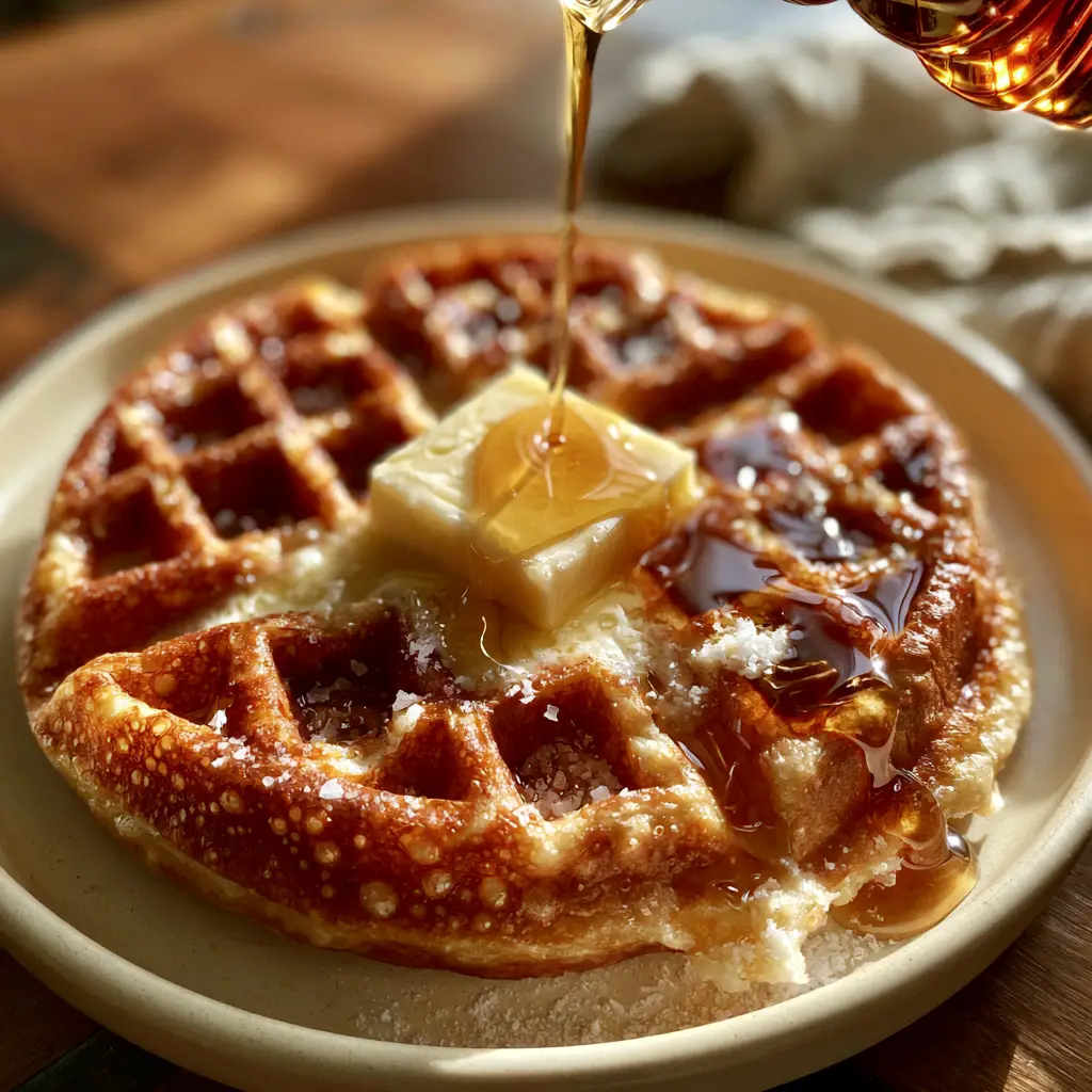 Golden Butter Waffles: The Ultimate Crispy Belgian Recipe 1 Glistening amber maple syrup pouring over a thick Belgian waffle with powdered sugar and sea salt. (golden butter waffles)