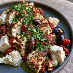 Close-up of seared herb-crusted chicken with glossy kalamata olives and fresh parsley. (Healthy Dinner Ideas)