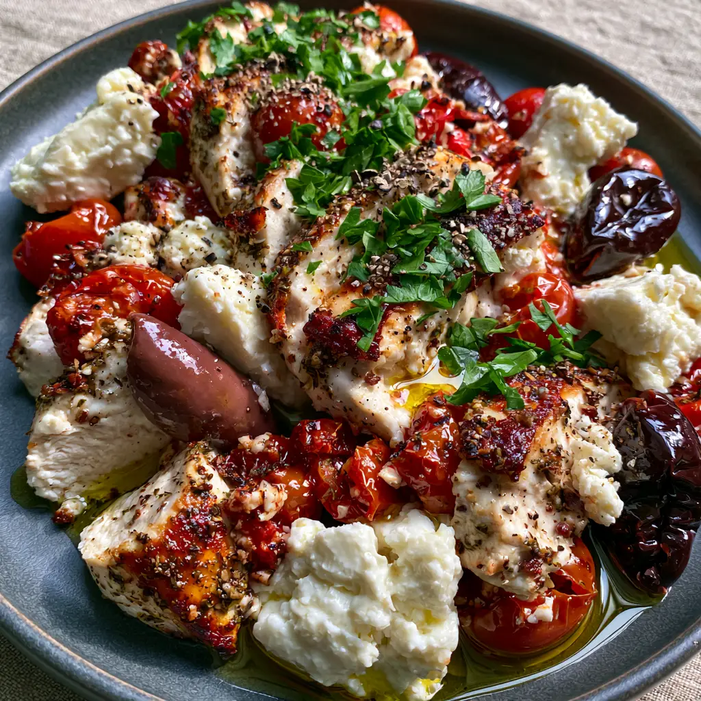Slices of tender chicken breast among bursting cherry tomatoes and chunks of feta cheese. (Healthy Dinner Ideas)