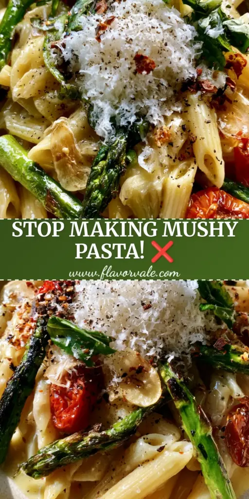 A shallow ceramic bowl of Pasta Primavera with penne, charred asparagus, blistered tomatoes, and a mountain of parmesan cheese.